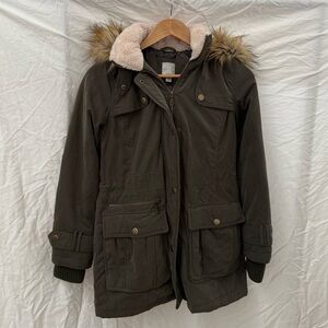 Halogen Olive Green Puffer Coat with Faux Fur Hood